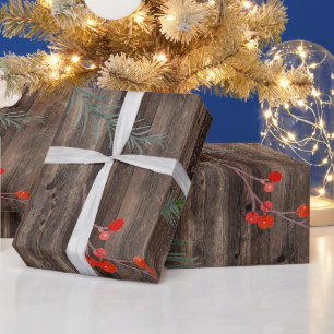 Papel De Regalo Madera rústica de granero Vegetación y bayas de