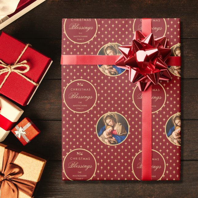 Papel De Regalo Madonna religiosa tradicional y Navidades infantil (Religious Christmas gift wrap with Madonna and Child in red and gold for Catholics)