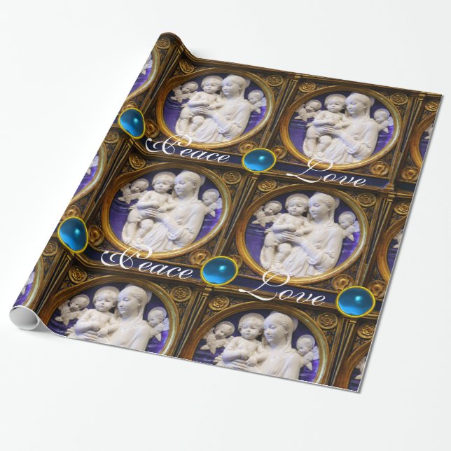 PAPEL DE REGALO MADONNA Y NIÑO CON GEMAS AZULES NAVIDADES JUEGAN (Desenrollado)