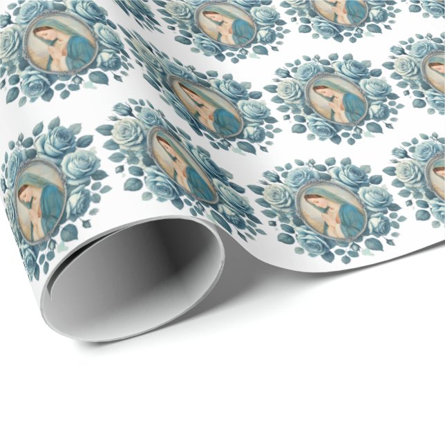 Papel De Regalo Madre católica María Rosas Azules (Esquina del rollo)