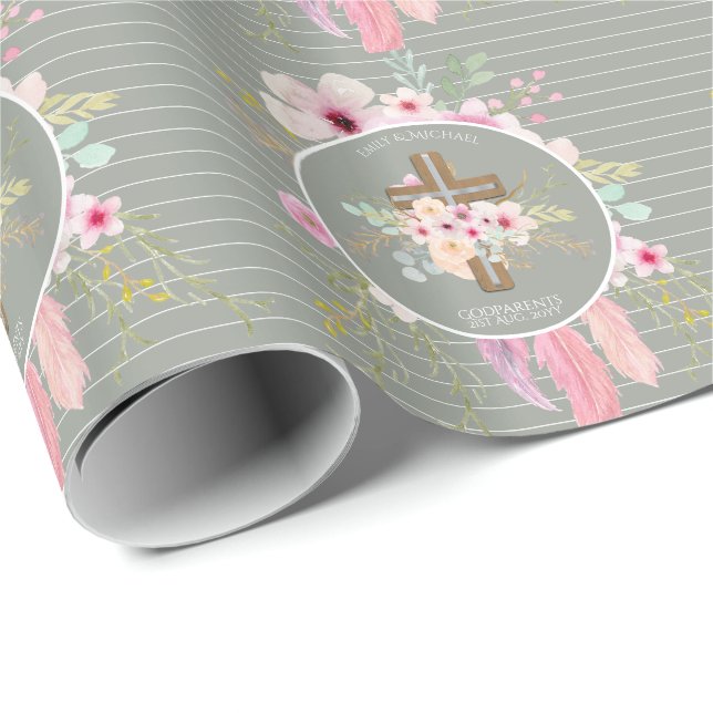 Papel De Regalo Madrina - Verde de la cruz floral personalizada (Esquina del rollo)