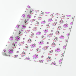 Papel De Regalo Magdalenas de Unicornio Cumpleaños Niña Rosa y Pur