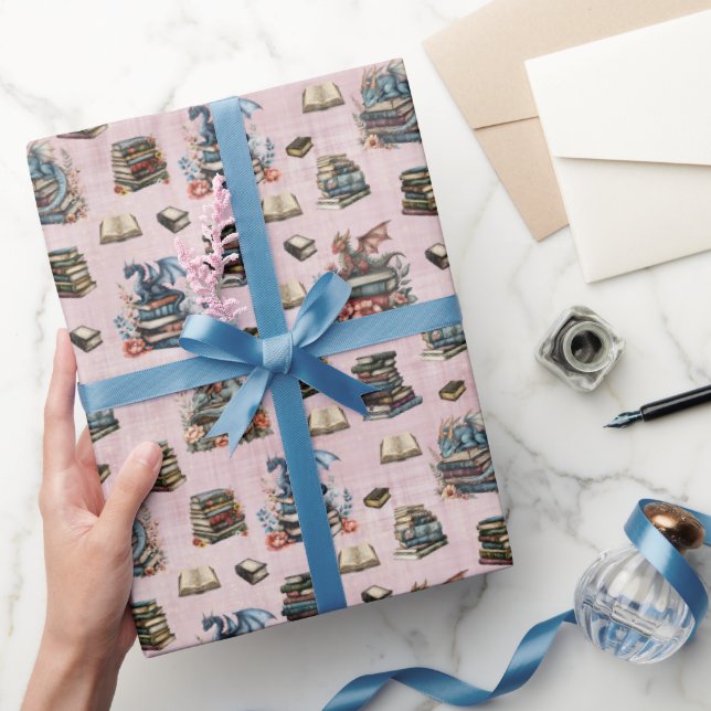 Papel De Regalo Magical Dragons & Books on Light Gray-Pink (Regalar)