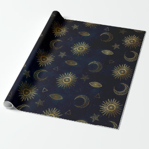 Papel De Regalo Magical Gold Moon Sun Stars Dark Blue