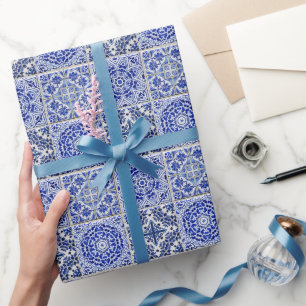 Papel De Regalo Magnífico patrón de cosecha azul y blanco