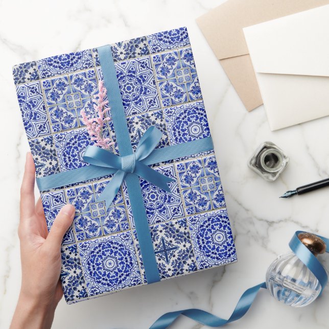 Papel De Regalo Magnífico patrón de cosecha azul y blanco (Regalar)