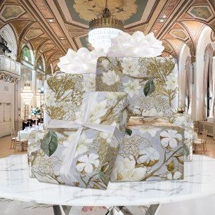 Papel De Regalo Magnolia Blanca Plata Gold Fermó Boda Floral