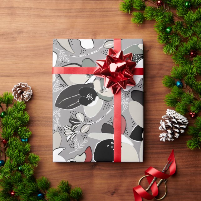 Papel De Regalo Magnolia de invierno gris negro floral (Regalo de vacaciones)
