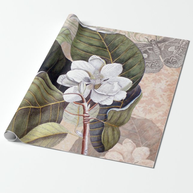 Papel De Regalo Magnolia Elegante Collage Botánico (Desenrollado)