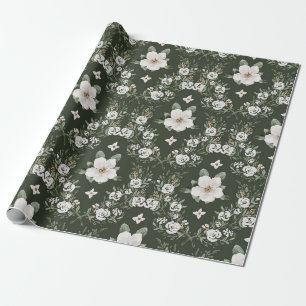 Papel De Regalo Magnolia Floral Acuarela Verde Oscuro Vintage