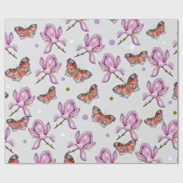 Papel De Regalo Magnolia y mariposas, patrón de acuarela