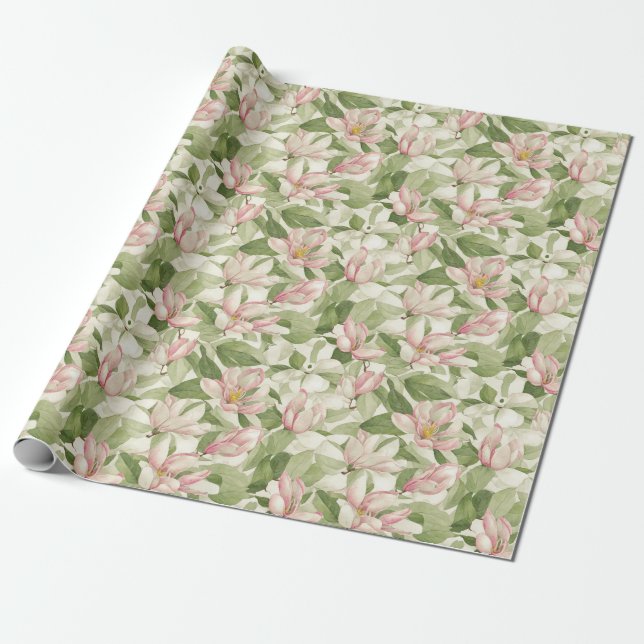 Papel De Regalo Magnolias pintadas de rosa y blanco (Desenrollado)