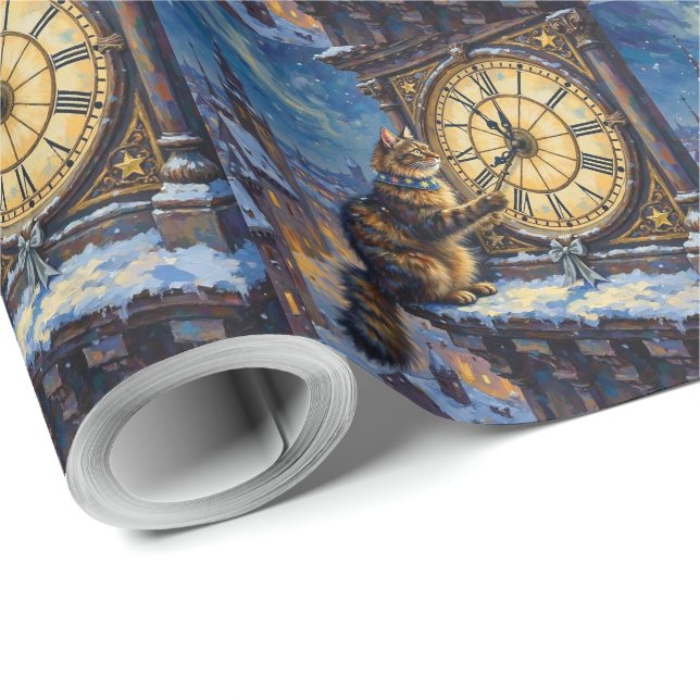 Papel De Regalo Maine Coon Christmas Clock Tower Midnight (Esquina del rollo)