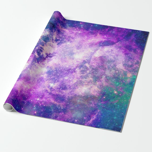 Papel De Regalo Majestic Verde azulado Purple Starry Space Nebula (Desenrollado)