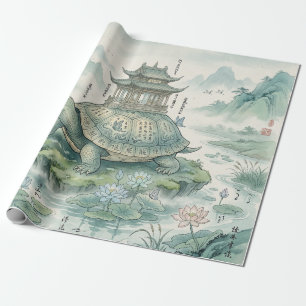 Papel De Regalo Majestuosa Pagoda de Tortuga Arte con Tinta