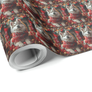 Papel De Regalo Malamute de Alaska con regalos de Navidad junto a