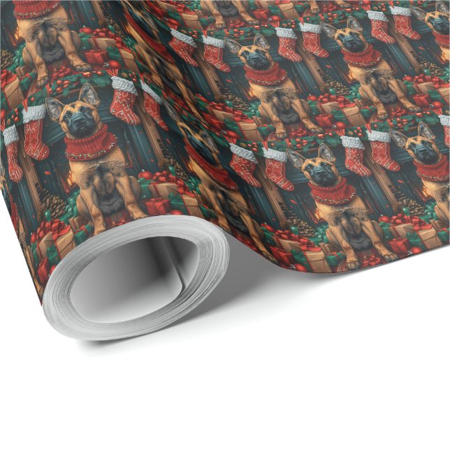 Papel De Regalo Malinois Belga Con Regalos De Navidad Chimenea  (Esquina del rollo)