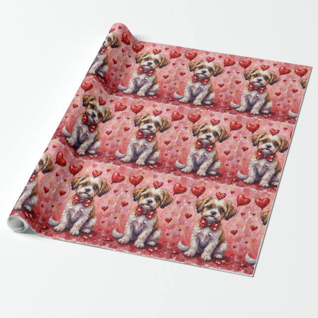 Papel De Regalo Malti Tzu Valentine Dog Sitting with Hearts Red (Desenrollado)