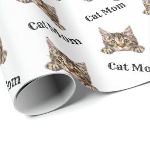 Papel De Regalo Mamá Gato Asomándose Kurilian Bobtail Patrón Repet