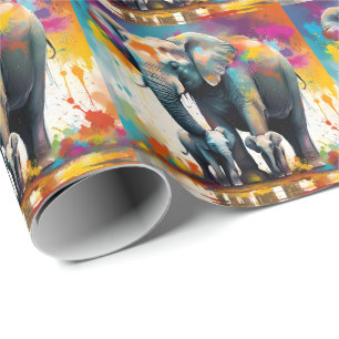 Papel De Regalo Mamá y bebés elefantes Explosión de color,