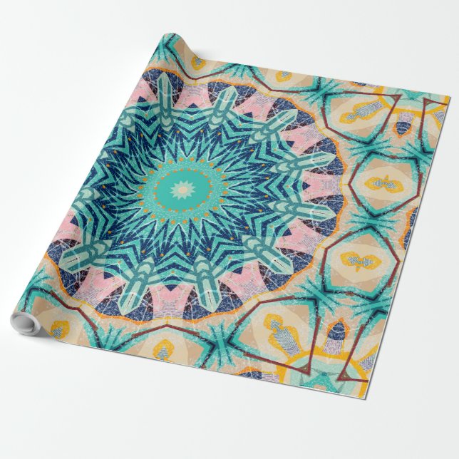Papel De Regalo Mandala amarillo-naranja, menta y rosa. (Desenrollado)