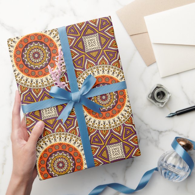 Papel De Regalo Mandala Círculos Cream Borgoña y Naranja (Regalar)