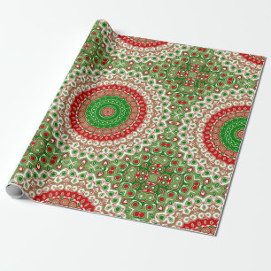 Papel De Regalo Mandalá Clásico Navideño en Rojo, Verde y Dorado