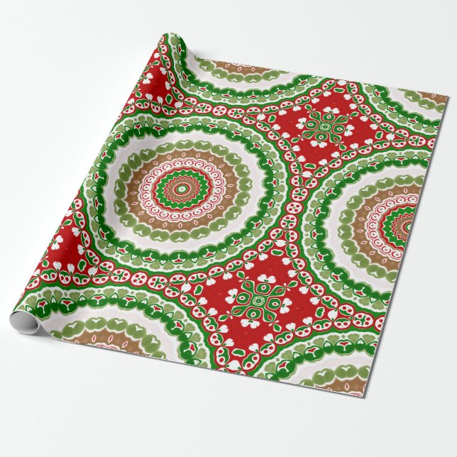 Papel De Regalo Mandala en oro rojo, verde y cálido (Desenrollado)