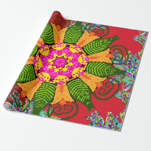 Papel De Regalo Mandala floral redonda de colores sobre un rojo, v
