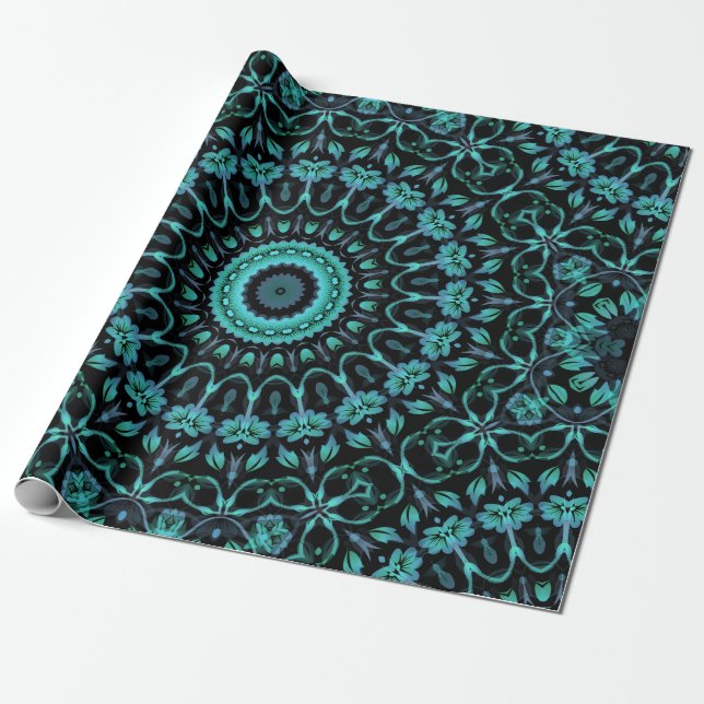Papel De Regalo Mandala floral turquesa oscura (Desenrollado)