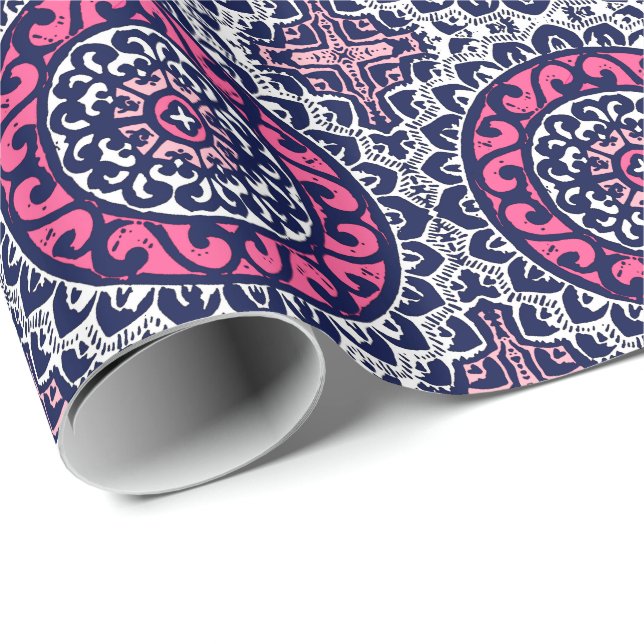 Papel De Regalo Mandala, fucsia, marina de guerra y blanco al (Esquina del rollo)