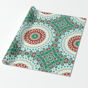 Papel De Regalo Mandalá Navideño en Rojo, Verde y Azul Escarchado