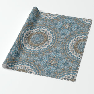 Papel De Regalo Mandalas Azul y Beige Intrincado Patrón Geométrico