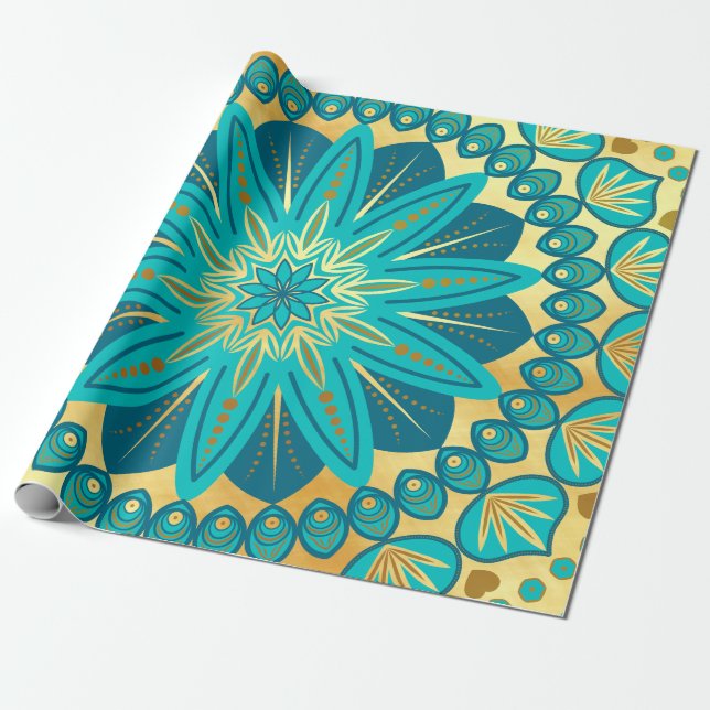 Papel De Regalo Mandalas de Flor de Oro Azul (Desenrollado)