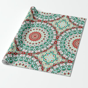 Papel De Regalo Mandalas Navideños en Rojo, Verde y Blanco Inverna