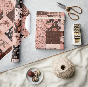 Papel De Regalo Manta Floral Rosa Marrón Gingham Cottagecore