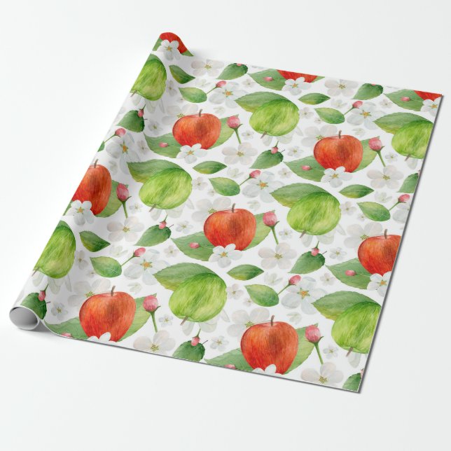 Papel De Regalo Manzanas acuarelas. Frutas verdes y rojas. Jardín (Desenrollado)