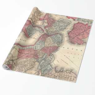 Papel De Regalo Mapa de época de Boston Massachusetts (1871)
