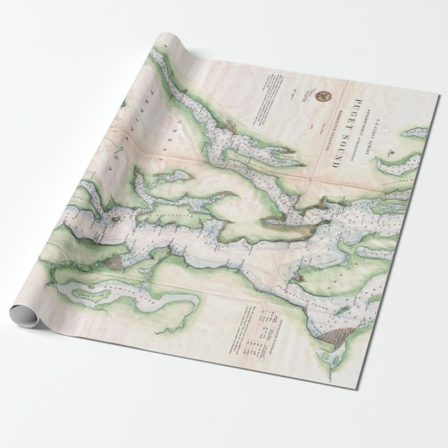 Papel De Regalo Mapa de época de la costa de Puget Sound Washingto (Desenrollado)