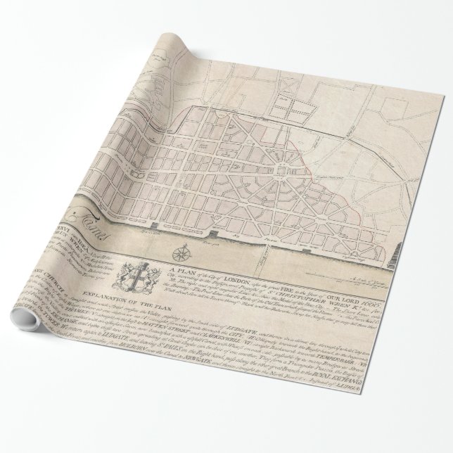 Papel De Regalo Mapa de época de Londres Inglaterra (1744) (Desenrollado)