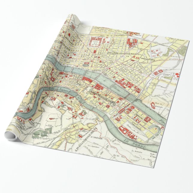 Papel De Regalo Mapa de época de Lyon Francia (1900) (Desenrollado)