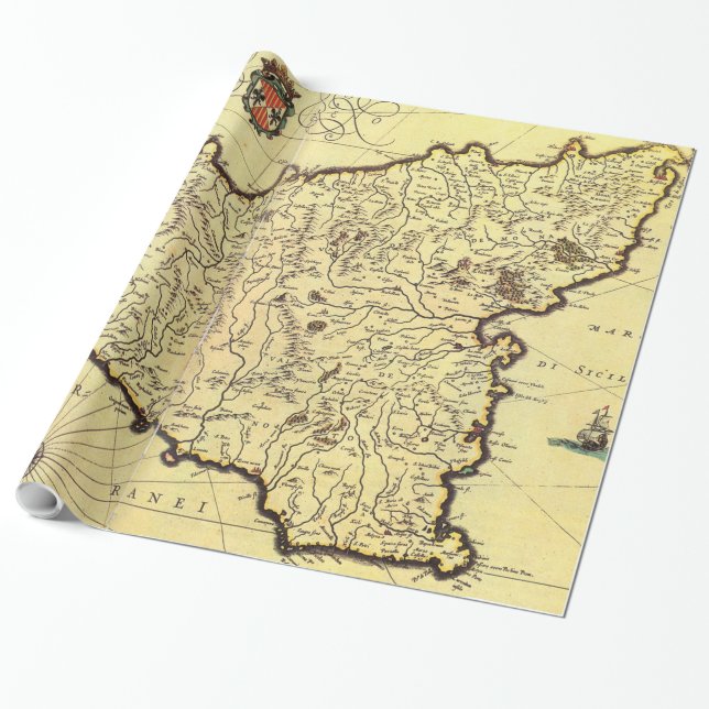 Papel De Regalo Mapa de época de Sicilia Italia (años 1600) (Desenrollado)