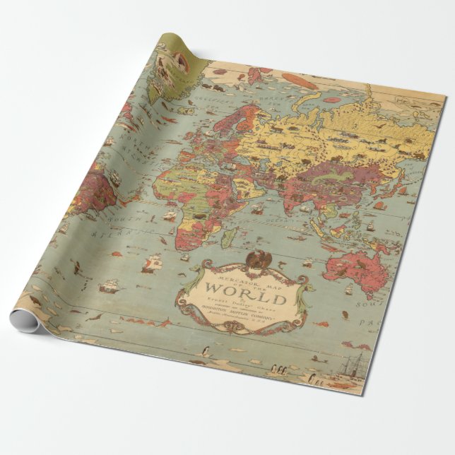 Papel De Regalo Mapa de imágenes de época del mundo (Desenrollado)