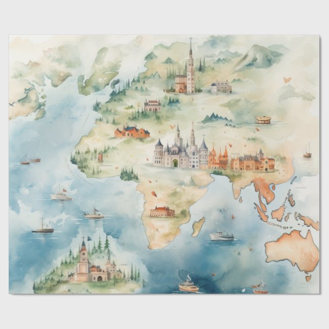 Papel De Regalo Mapa de viaje en acuarela (Superficie plana)