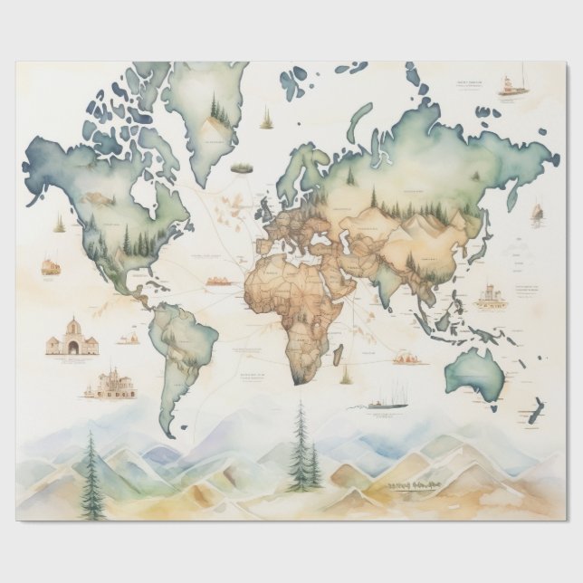 Papel De Regalo Mapa de viaje en acuarela (Superficie plana)