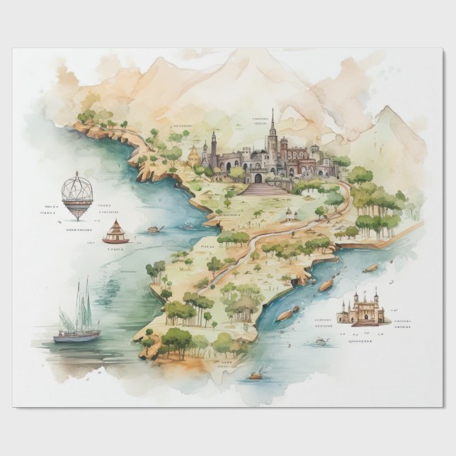Papel De Regalo Mapa de viaje en acuarela (Superficie plana)