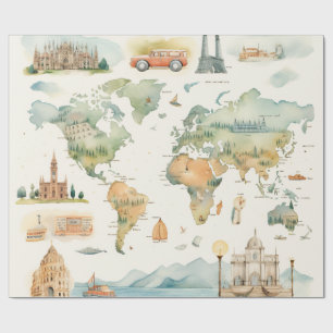 Papel De Regalo Mapa de Viajes Acuarela