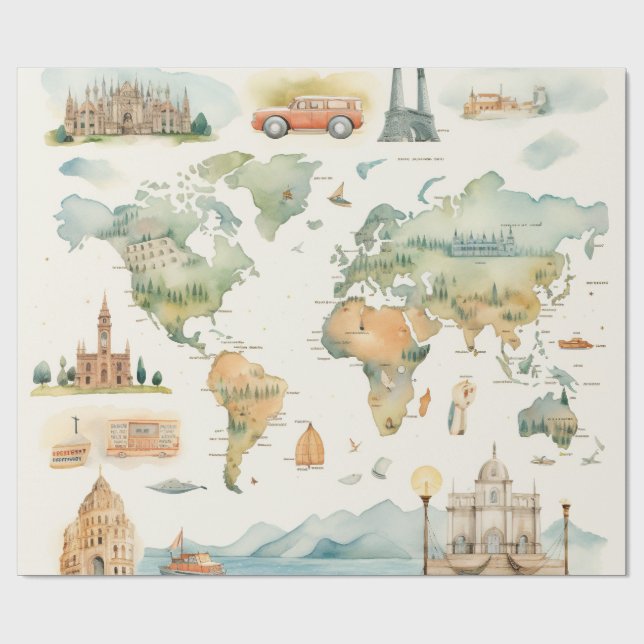 Papel De Regalo Mapa de Viajes Acuarela (Superficie plana)