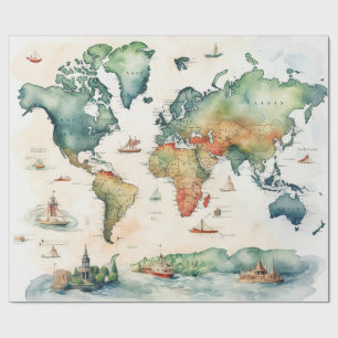 Papel De Regalo Mapa de Viajes Acuarela