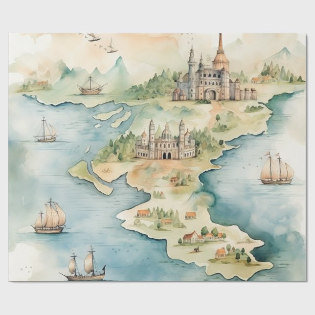 Papel De Regalo Mapa de Viajes de Acuarela (Superficie plana)